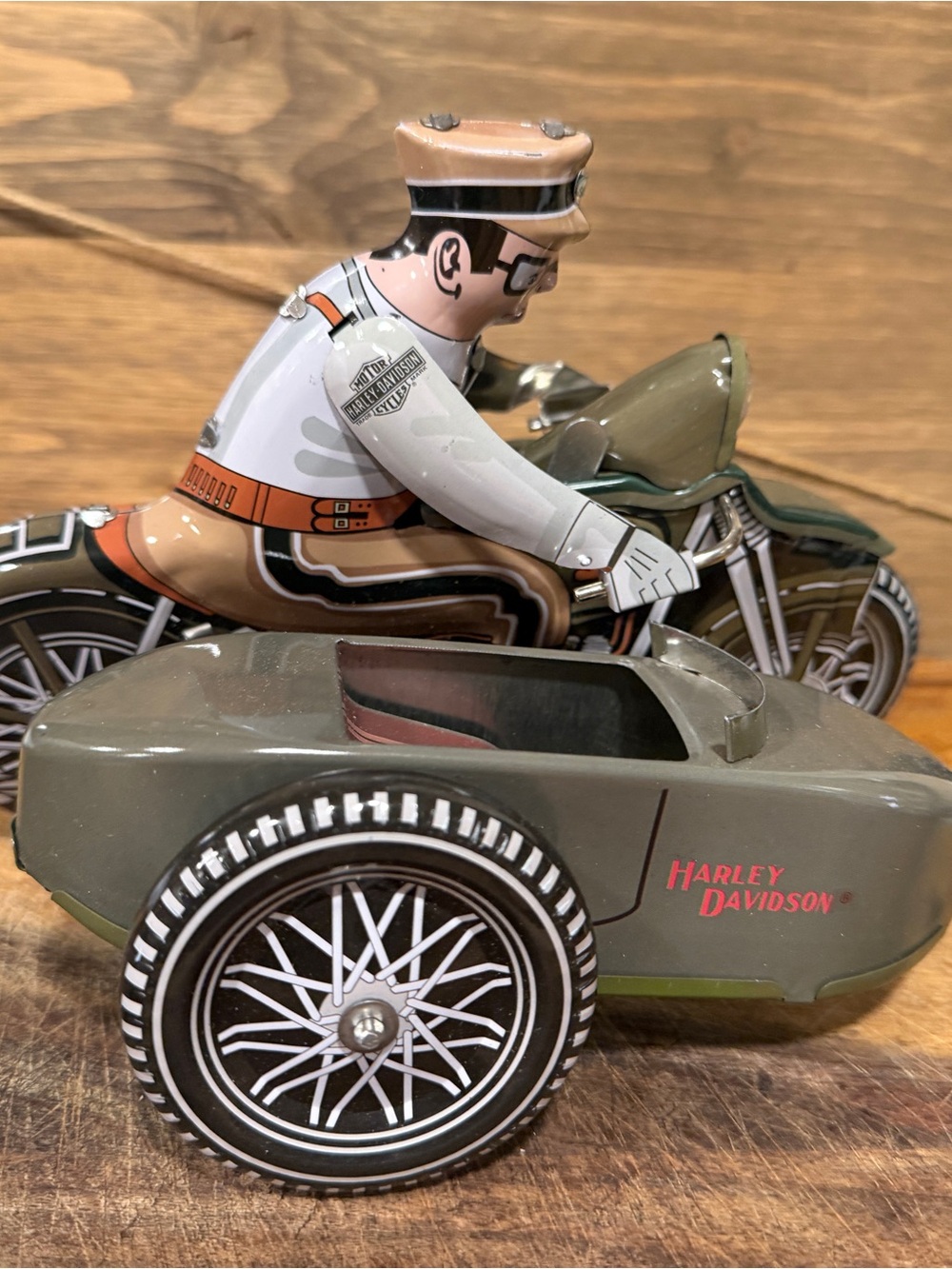 Harley-Davidson Olive Green & Tan Tin Motorcycle with Sidecar